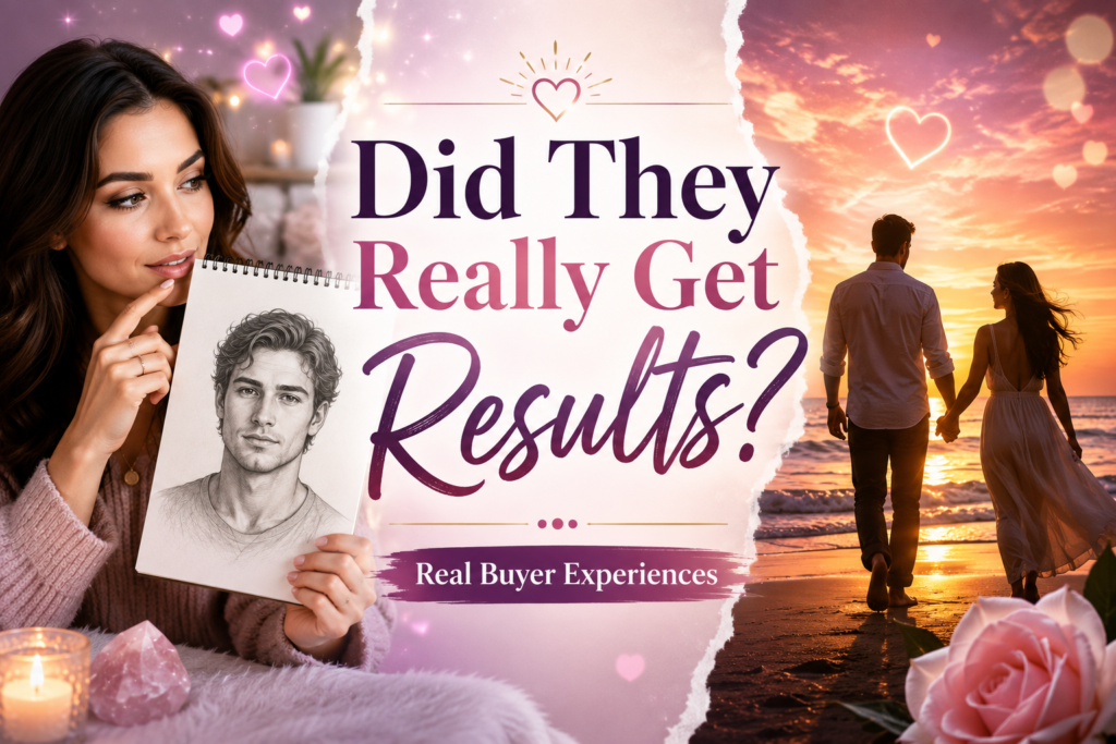 Woman holding a soulmate sketch while looking at real buyer experiences and soulmate sketch results in a romantic spiritual setting.